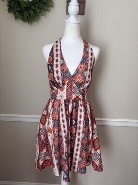 Cupshe Womens Size Small Halter Mini Dress Boho Geometric Orange